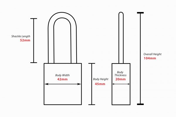 AA520 Safety Padlocks Dimensions - Wireframes
